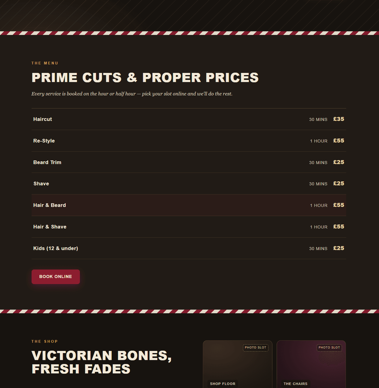 Barbershop, menu & booking — A dark, price-forward site built around the one thing walk-ins actually want: the menu, and a button to book it.