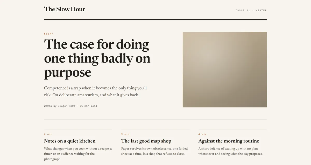Example website for The Slow Hour, a fictional blog & content business