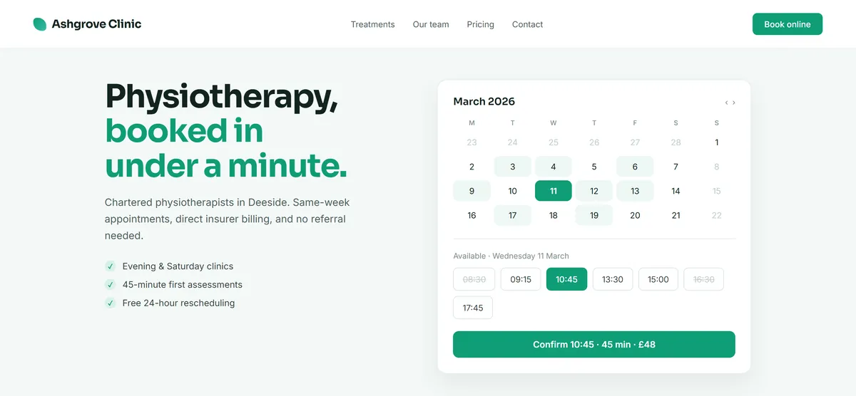 Example booking website for Ashgrove Clinic, a fictional clinic