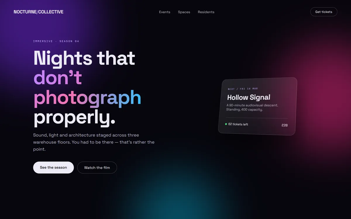 Example website for Nocturne Collective, a fictional interactive & 3d business