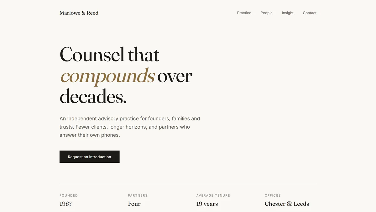 Example website for Marlowe & Reed, a fictional plain & minimal business