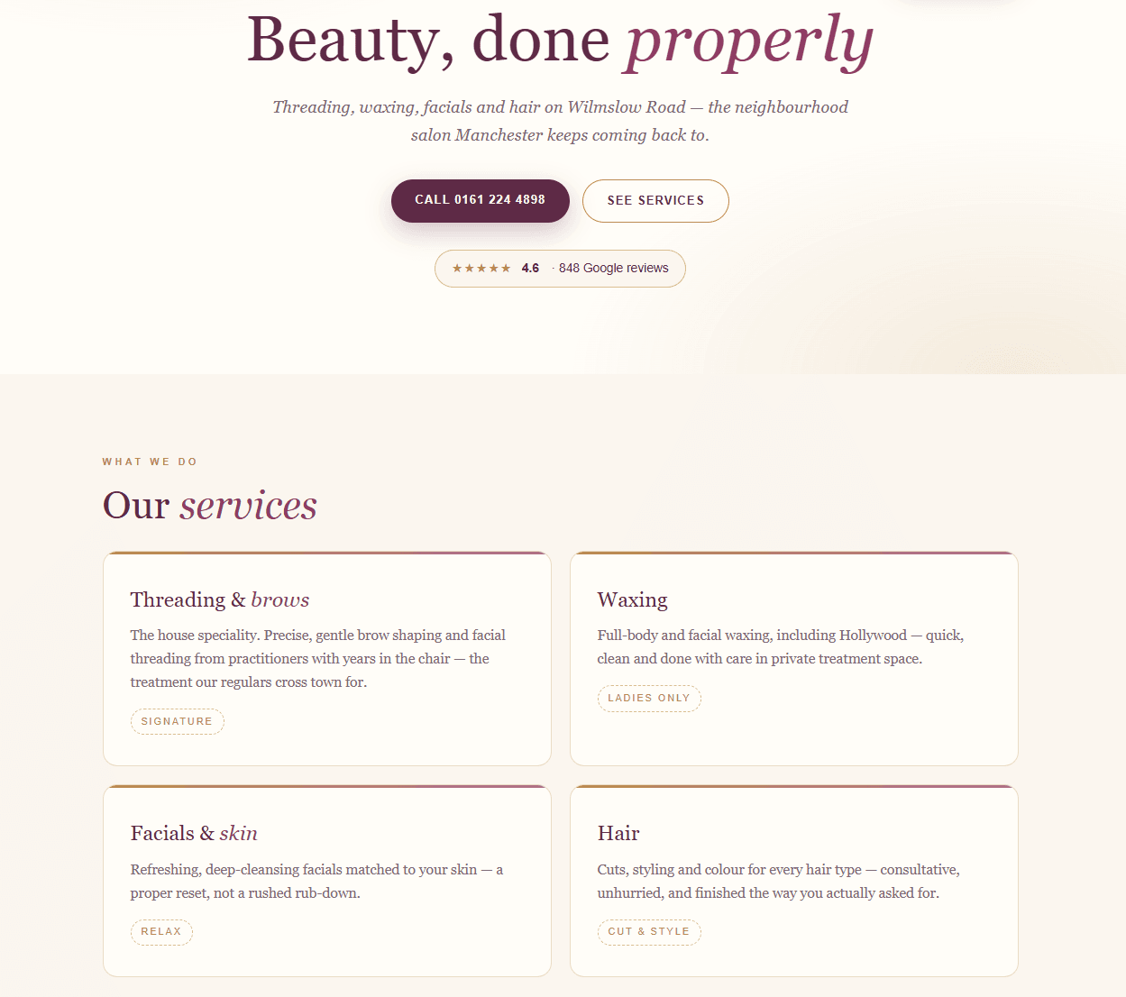 Beauty salon, Manchester — Warm, editorial and review-led — built to convert local search traffic into phone calls and bookings.